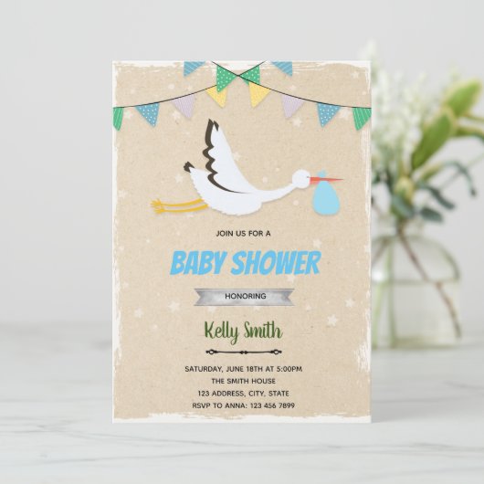 Baby shower-uitnodiging voor Stork boy Kaart (Staand voorkant)