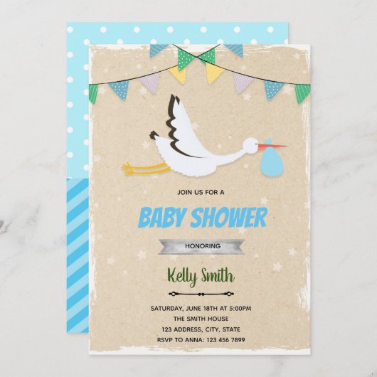 Baby shower-uitnodiging voor Stork boy Kaart (Voorkant / Achterkant)