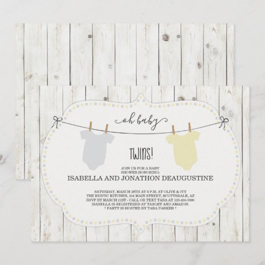 Baby shower uitnodiging voor tweeling - Genderneut (Voorkant / Achterkant)