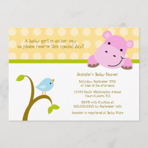 Baby shower-uitnodiging voor vogel- en hippo-polka kaart