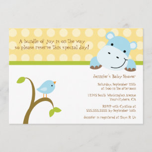 Baby shower-uitnodiging voor vogel- en hippo-polka kaart