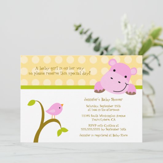 Baby shower-uitnodiging voor vogel- en hippo-polka kaart (Staand voorkant)