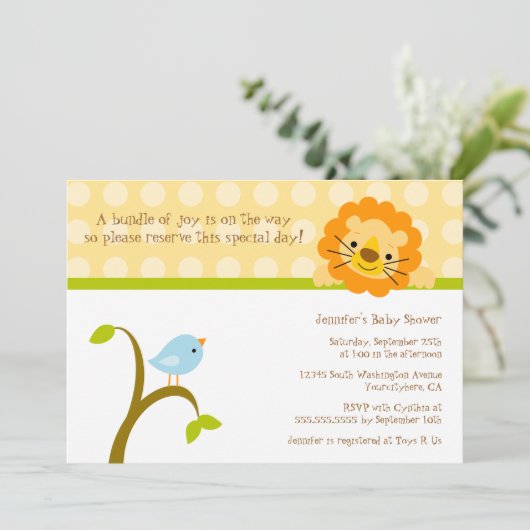 Baby shower-uitnodiging voor vogel- en leeuwenpolk kaart (Staand voorkant)