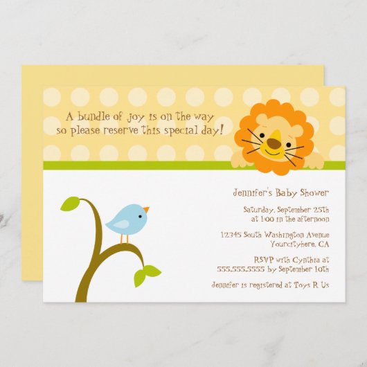 Baby shower-uitnodiging voor vogel- en leeuwenpolk kaart (Voorkant / Achterkant)