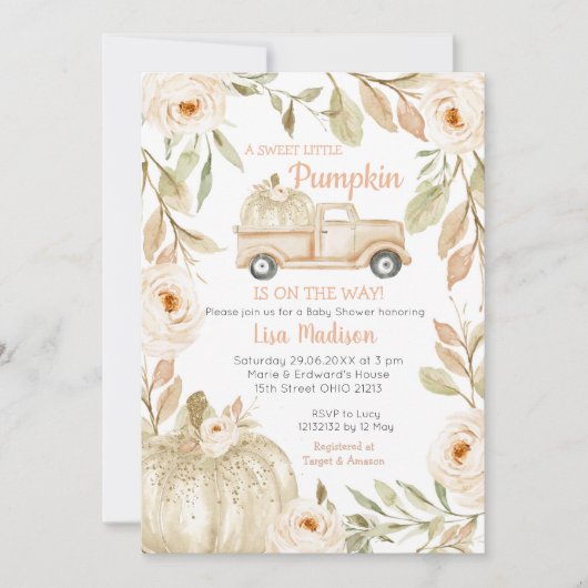 Baby shower uitnodiging voor White Peach Truck Pea (Voorkant)