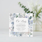 Baby shower-uitnodiging voor witte en blauwe flora kaart (Staand voorkant)