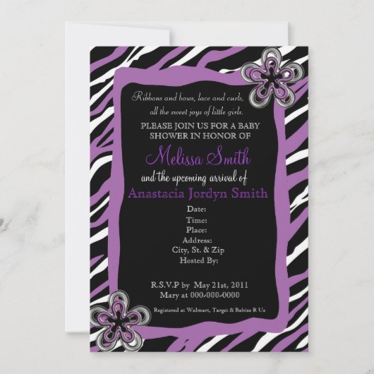 Baby shower-uitnodiging voor Zebra Print - Paars Kaart (Voorkant)