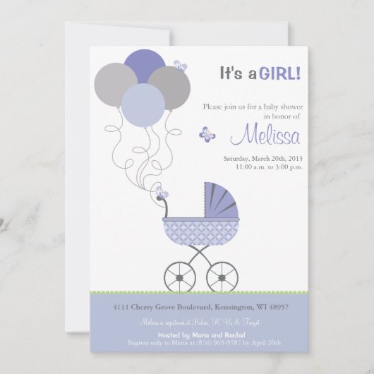 Baby shower Uitnodiging - wandelwagen & ballonnen (Voorkant)