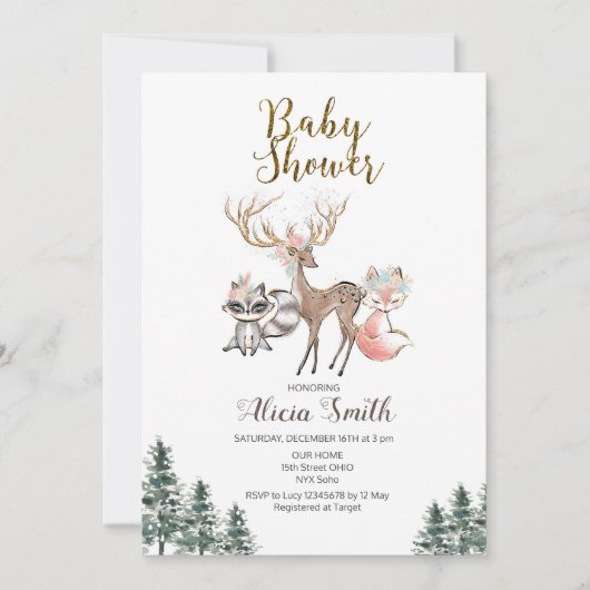Baby shower-uitnodiging winterbos kaart (Voorkant)