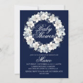 Baby shower uitnodiging wit sakura marineblauw (Voorkant)