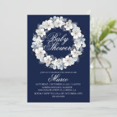 Baby shower uitnodiging wit sakura marineblauw (Staand voorkant)