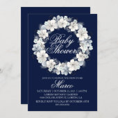 Baby shower uitnodiging wit sakura marineblauw (Voorkant / Achterkant)