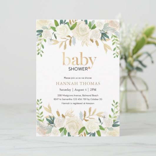 baby shower Uitnodiging | Witte en goudbloem (Staand voorkant)
