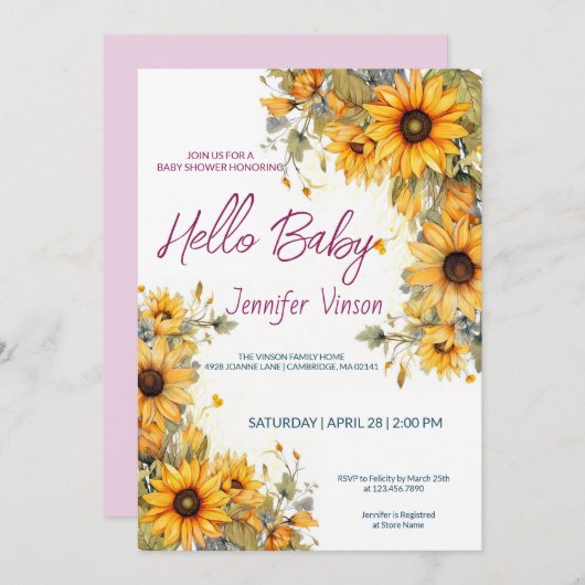 Baby shower Uitnodiging Zonnebloemen (Voorkant / Achterkant)