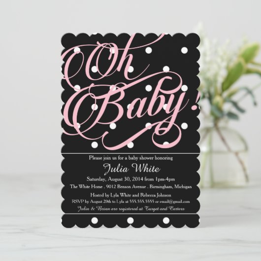 Baby shower Uitnodiging, zwart, wit en roze Stippe Kaart (Staand voorkant)
