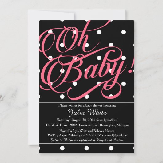 Baby shower Uitnodiging, zwart, wit en roze Stippe Kaart (Voorkant)