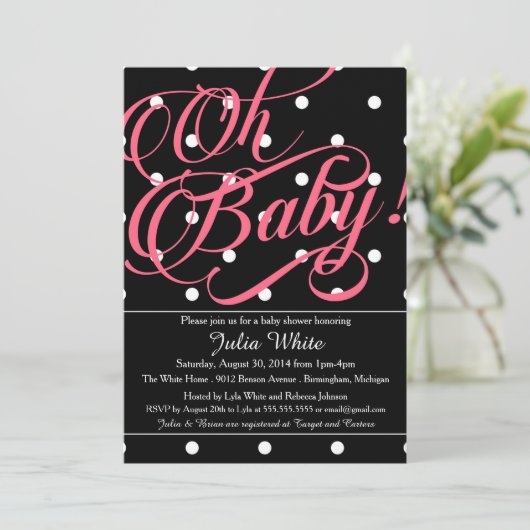 Baby shower Uitnodiging, zwart, wit en roze Stippe Kaart (Staand voorkant)