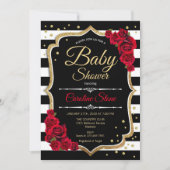 Baby shower Uitnodiging Zwart Witte Strepen Rozen (Voorkant)
