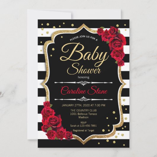 Baby shower Uitnodiging Zwart Witte Strepen Rozen (Voorkant)