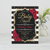 Baby shower Uitnodiging Zwart Witte Strepen Rozen (Staand voorkant)