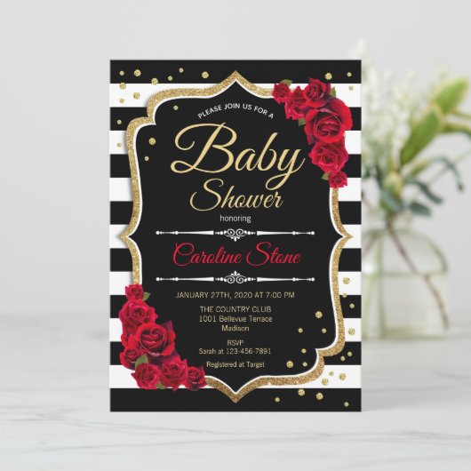 Baby shower Uitnodiging Zwart Witte Strepen Rozen (Staand voorkant)