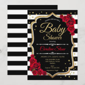 Baby shower Uitnodiging Zwart Witte Strepen Rozen (Voorkant / Achterkant)