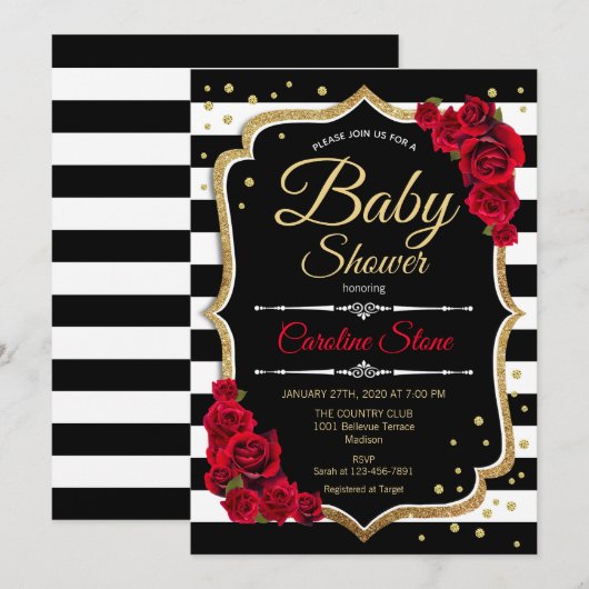 Baby shower Uitnodiging Zwart Witte Strepen Rozen (Voorkant / Achterkant)