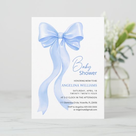 Baby shower uitnodigingen met lief strikje. (Staand voorkant)