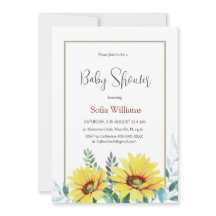 Baby shower uitnodigingskaart met zonnebloemen.