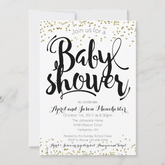 baby shower-uitnodigingskaart, zwart-wit en goud kaart (Voorkant)