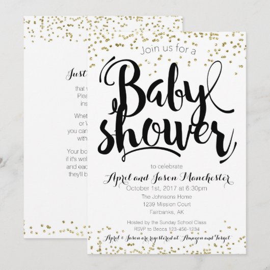 baby shower-uitnodigingskaart, zwart-wit en goud kaart (Voorkant / Achterkant)
