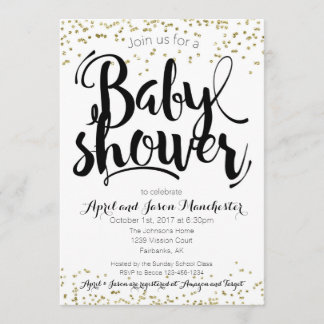 baby shower-uitnodigingskaart, zwart-wit en goud kaart