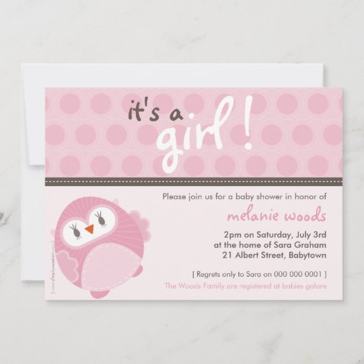 BABY SHOWER UITNODIGT :: dansende uil 4L Kaart (Achterkant)