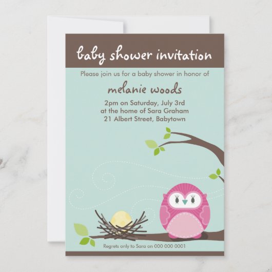 BABY SHOWER UITNODIGT :: uil + nest 1P Kaart (Voorkant)