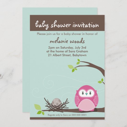 BABY SHOWER UITNODIGT :: uil + nest 3P Kaart (Voorkant / Achterkant)