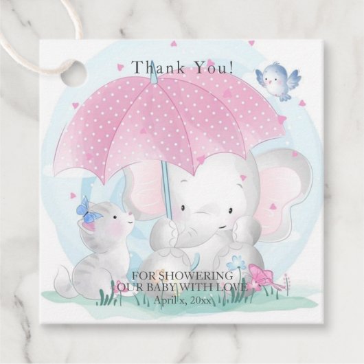 Baby shower Umbrella Elephant Kitten Butterflies Bedankjes Labels (Voorkant)