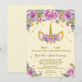 Baby shower Unicorm uitnodiging, ivoor, bloemen Kaart (Voorkant / Achterkant)