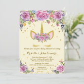 Baby shower Unicorm uitnodiging, ivoor, bloemen Kaart (Staand voorkant)