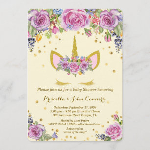 baby shower Unicorm-uitnodiging, ivoor, bloemen Kaart
