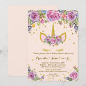 baby shower Unicorm-uitnodiging, roze, bloemen Kaart (Voorkant / Achterkant)