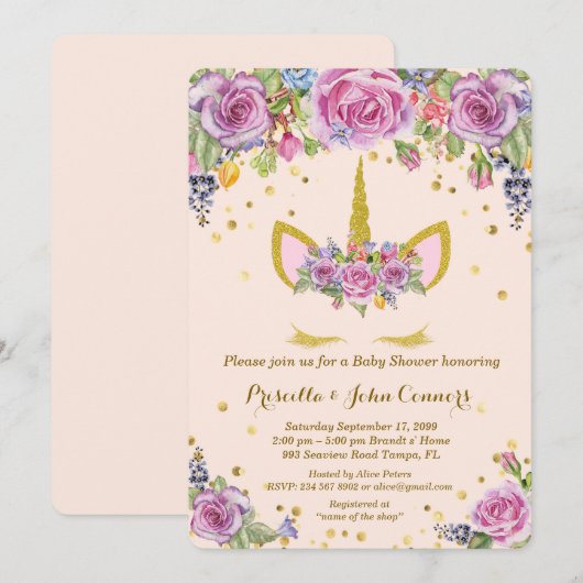 baby shower Unicorm-uitnodiging, roze, bloemen Kaart (Voorkant / Achterkant)