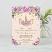 baby shower Unicorm-uitnodiging, roze, bloemen Kaart (Staand voorkant)