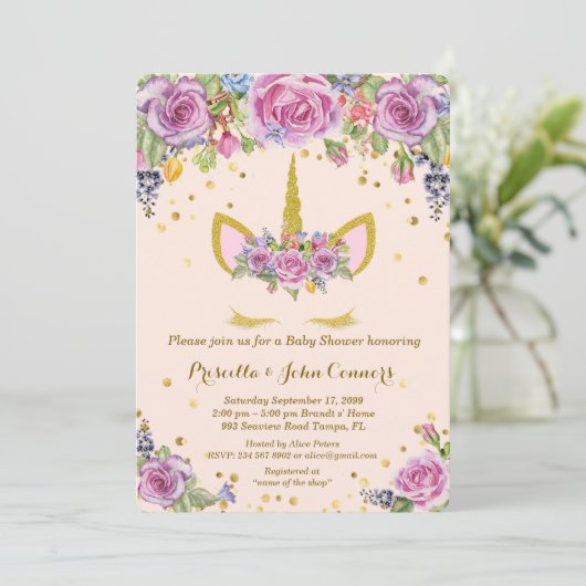 baby shower Unicorm-uitnodiging, roze, bloemen Kaart (Staand voorkant)