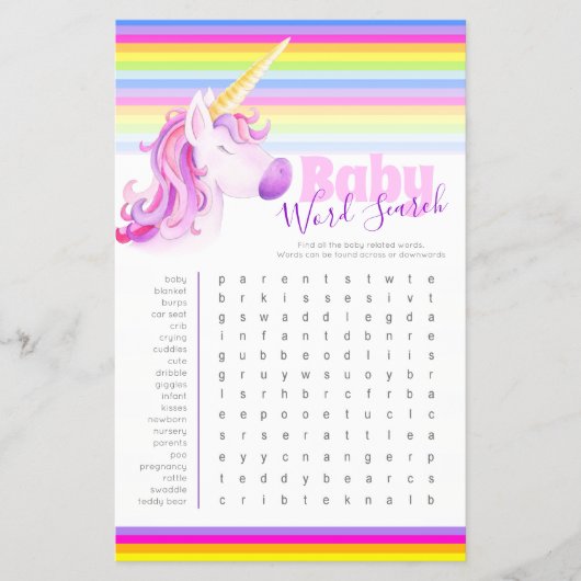 Baby shower unicorn waterverf woordzoeker flyer (Voorkant)