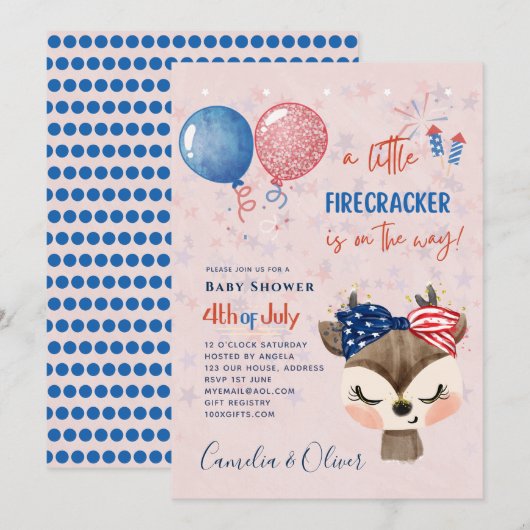 baby shower VAN 4 juli INVITE Firecracker Deer Kaart (Voorkant / Achterkant)
