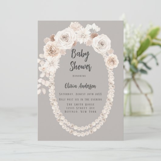 Baby shower van beige en witte parels kaart (Staand voorkant)