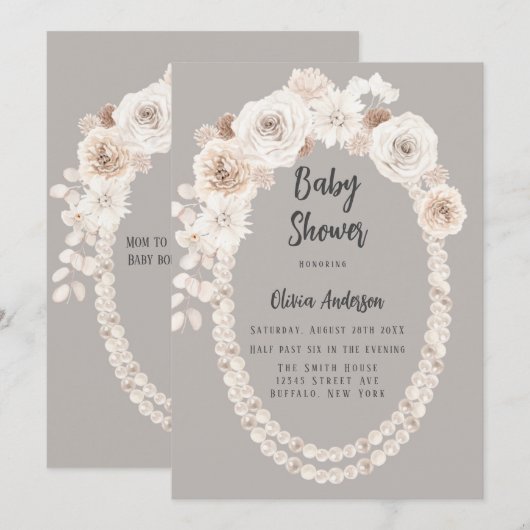 Baby shower van beige en witte parels kaart (Voorkant / Achterkant)