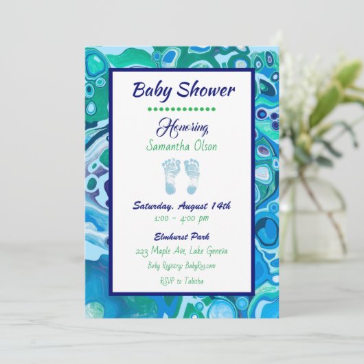 Baby shower van blauwe en groene jongen kaart (Staand voorkant)