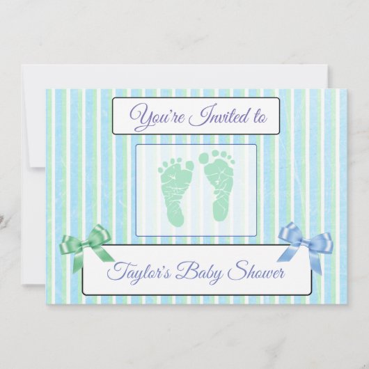 Baby shower van Blauwe en Groene Striped Boy nodig Kaart (Voorkant)