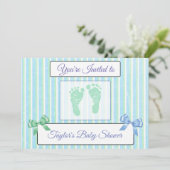 Baby shower van Blauwe en Groene Striped Boy nodig Kaart (Staand voorkant)